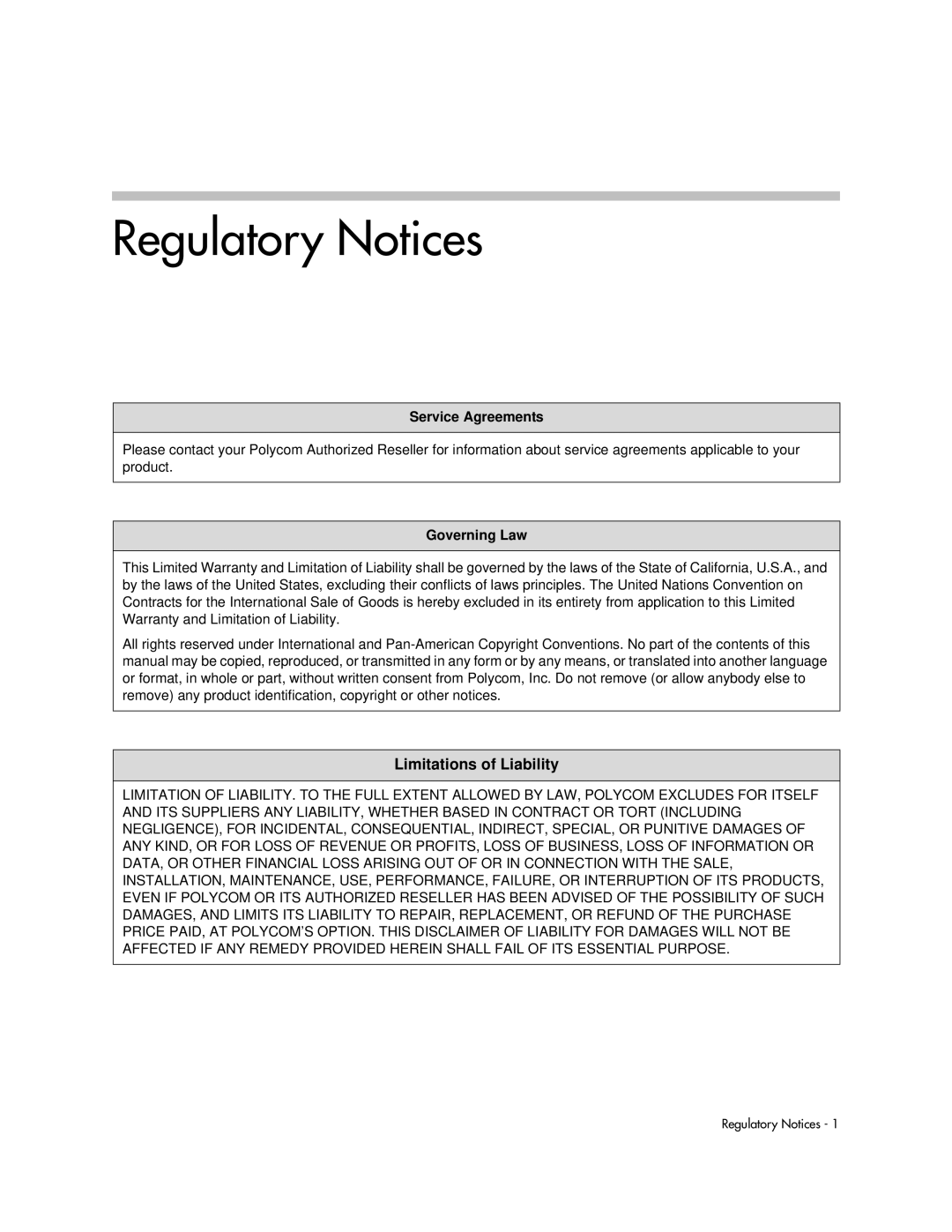 Polycom 550 manual Service Agreements, Governing Law 