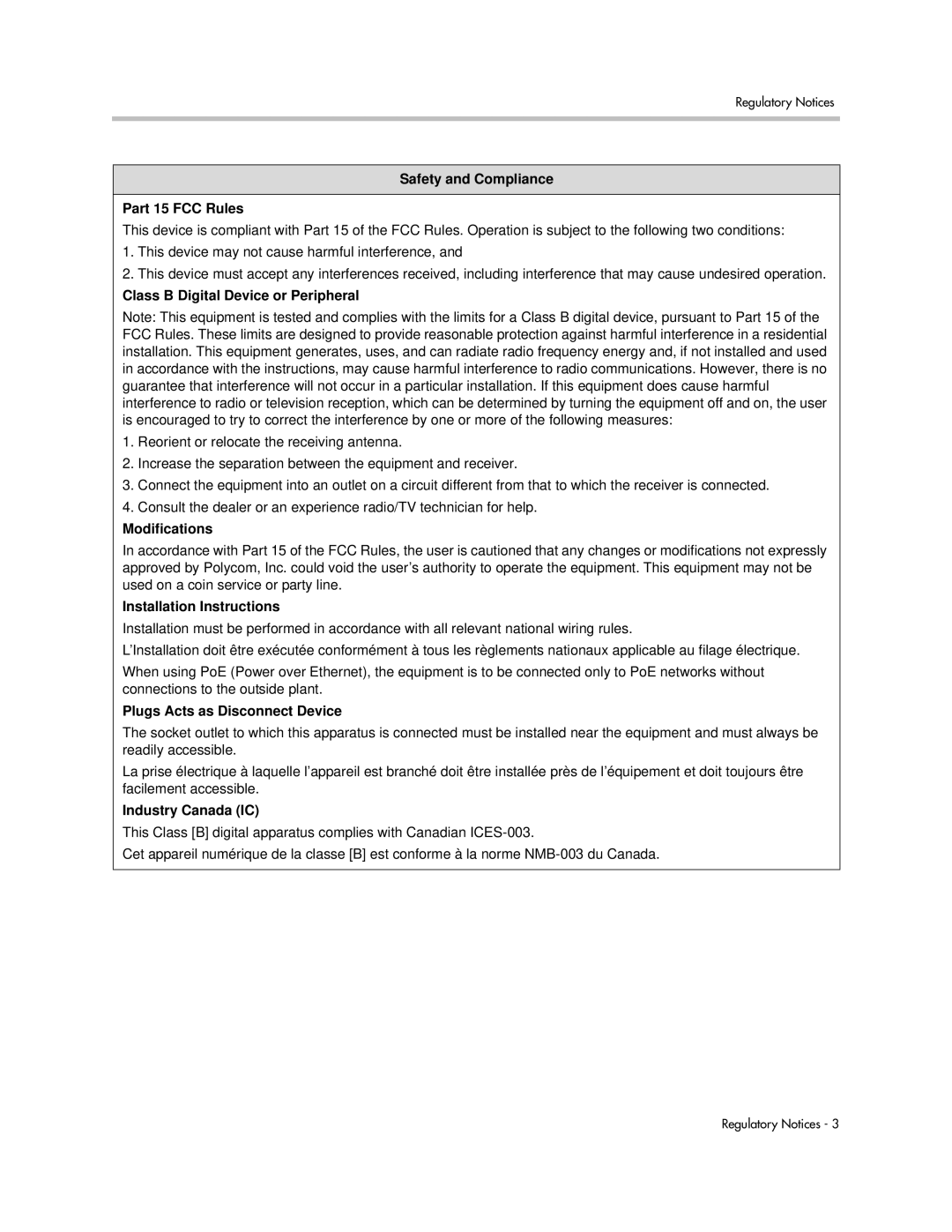 Polycom 550 manual Safety and Compliance Part 15 FCC Rules, Class B Digital Device or Peripheral, Modifications 