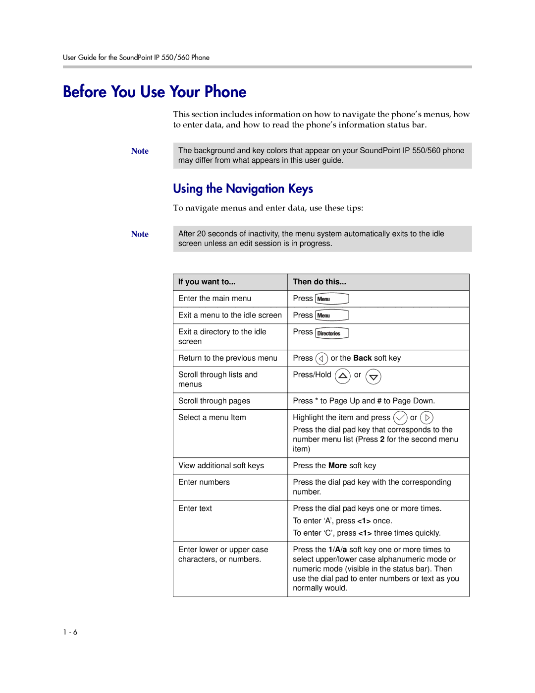 Polycom 550 manual Before You Use Your Phone, Using the Navigation Keys, To navigate menus and enter data, use these tips 