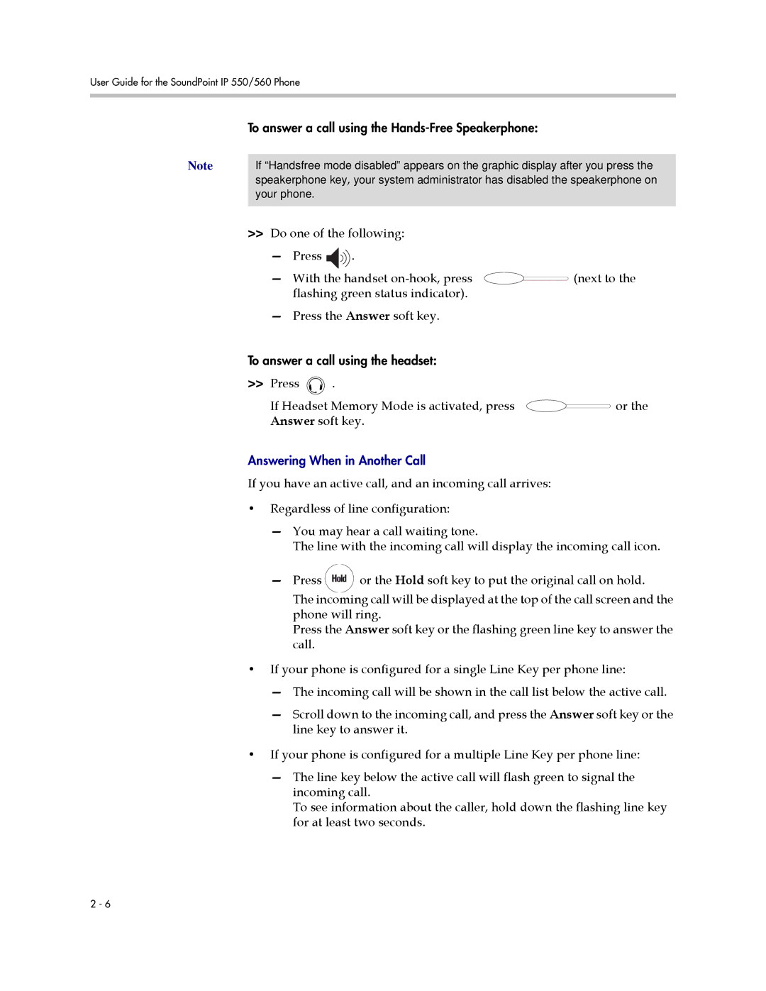 Polycom 550 manual Answering When in Another Call 