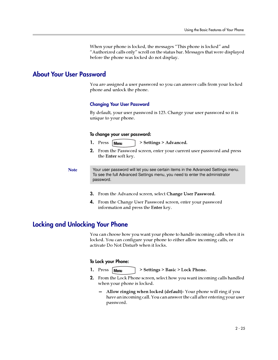 Polycom 550 manual About Your User Password, Locking and Unlocking Your Phone, Settings Advanced, Enter soft key 