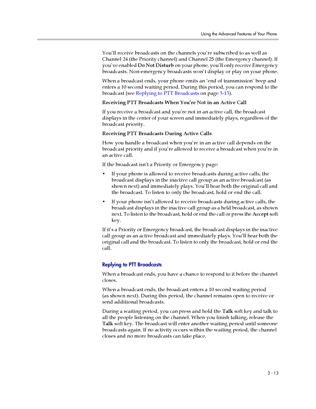 Polycom 550 manual Receiving PTT Broadcasts When You’re Not in an Active Call, Receiving PTT Broadcasts During Active Calls 