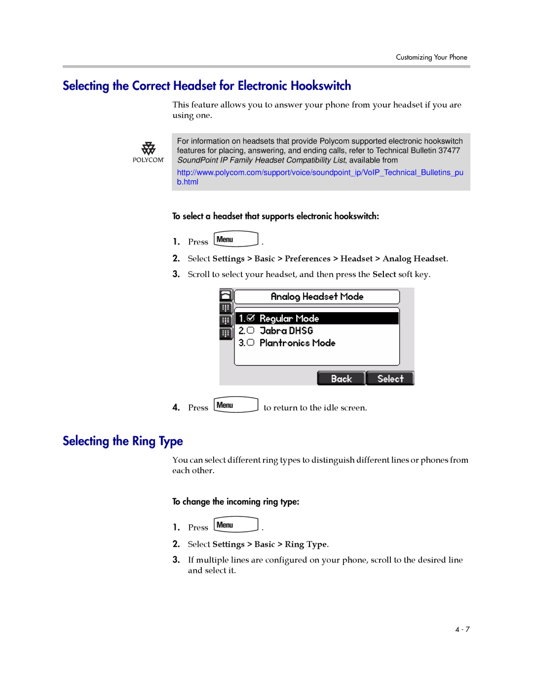 Polycom 550 manual Selecting the Correct Headset for Electronic Hookswitch, Selecting the Ring Type 