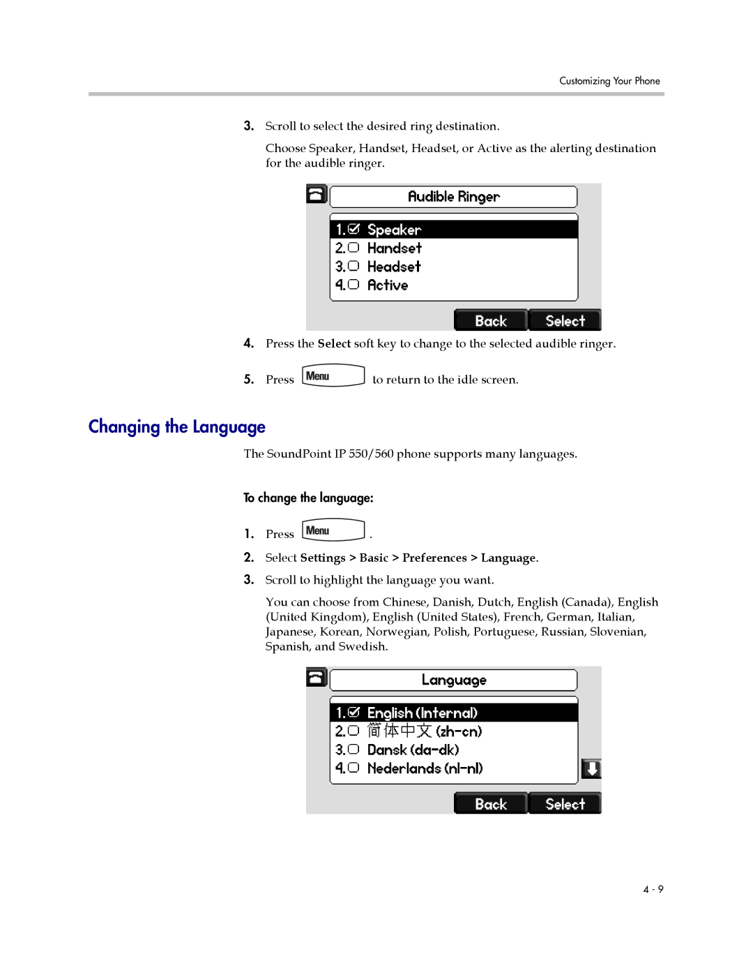 Polycom manual Changing the Language, SoundPoint IP 550/560 phone supports many languages 