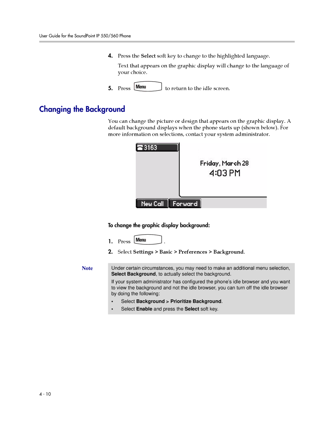 Polycom 550 Changing the Background, Select Settings Basic Preferences Background, Select Background Prioritize Background 