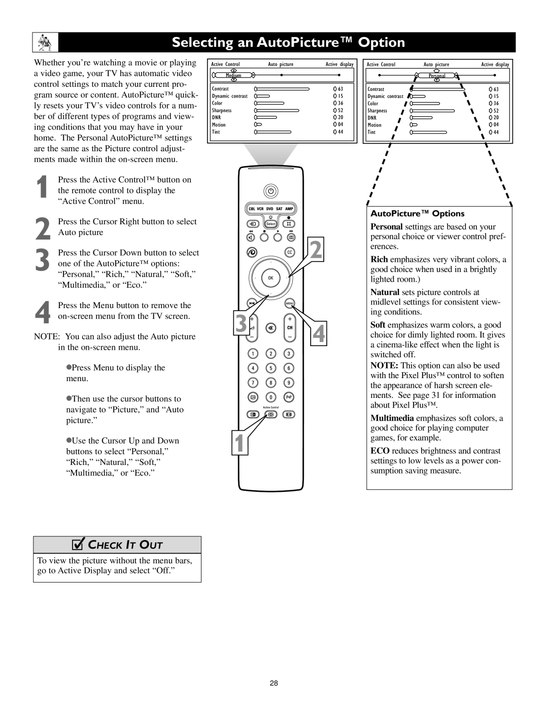 Polycom 55PP9753, 60PP9753 manual Selecting an AutoPicture Option, AutoPicture Options 