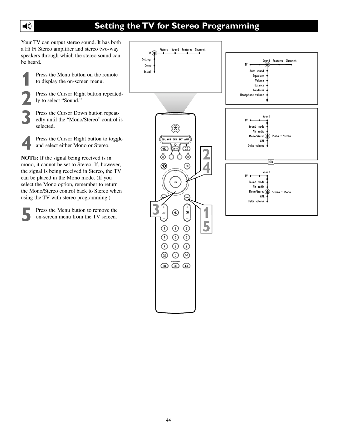 Polycom 55PP9753, 60PP9753 manual Setting the TV for Stereo Programming 