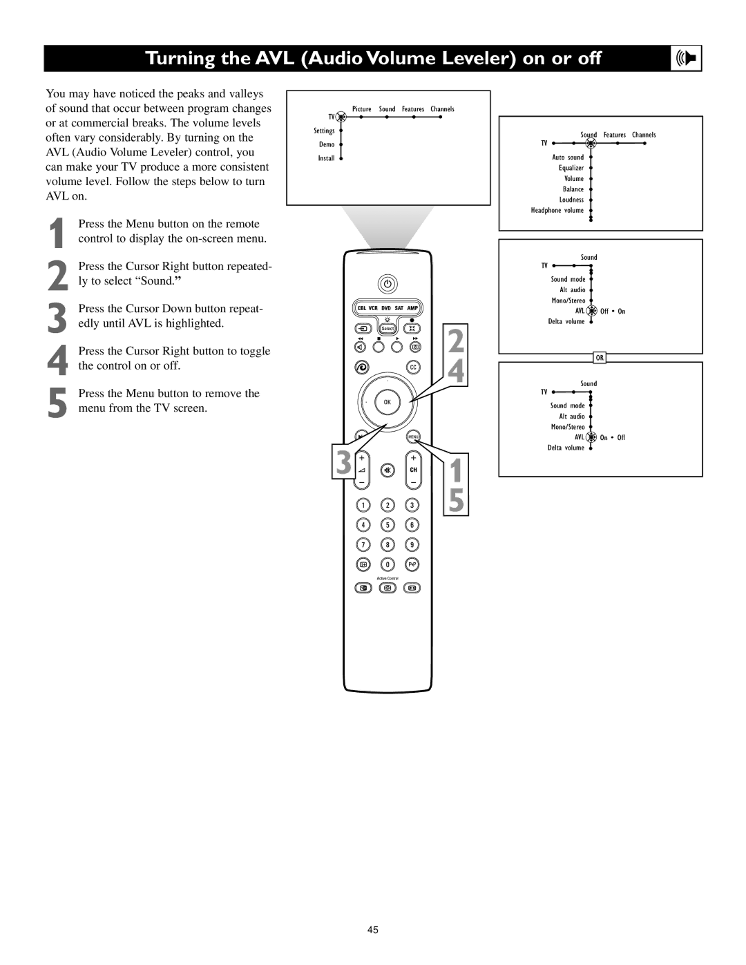 Polycom 60PP9753, 55PP9753 manual Turning the AVL Audio Volume Leveler on or off 