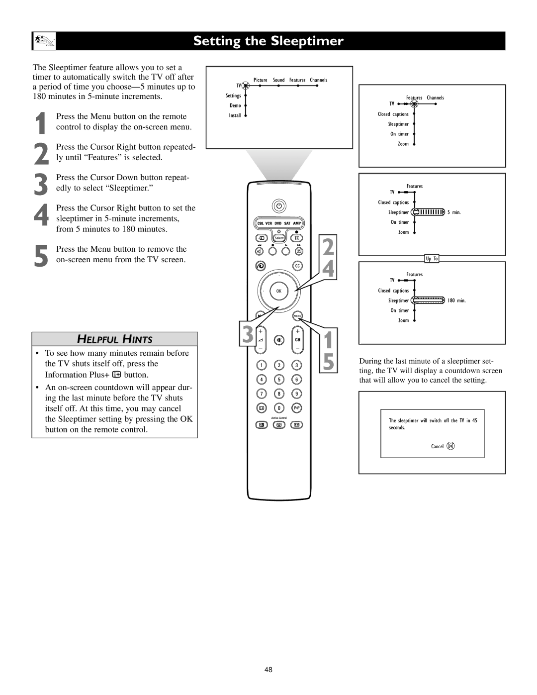 Polycom 55PP9753, 60PP9753 manual Setting the Sleeptimer 