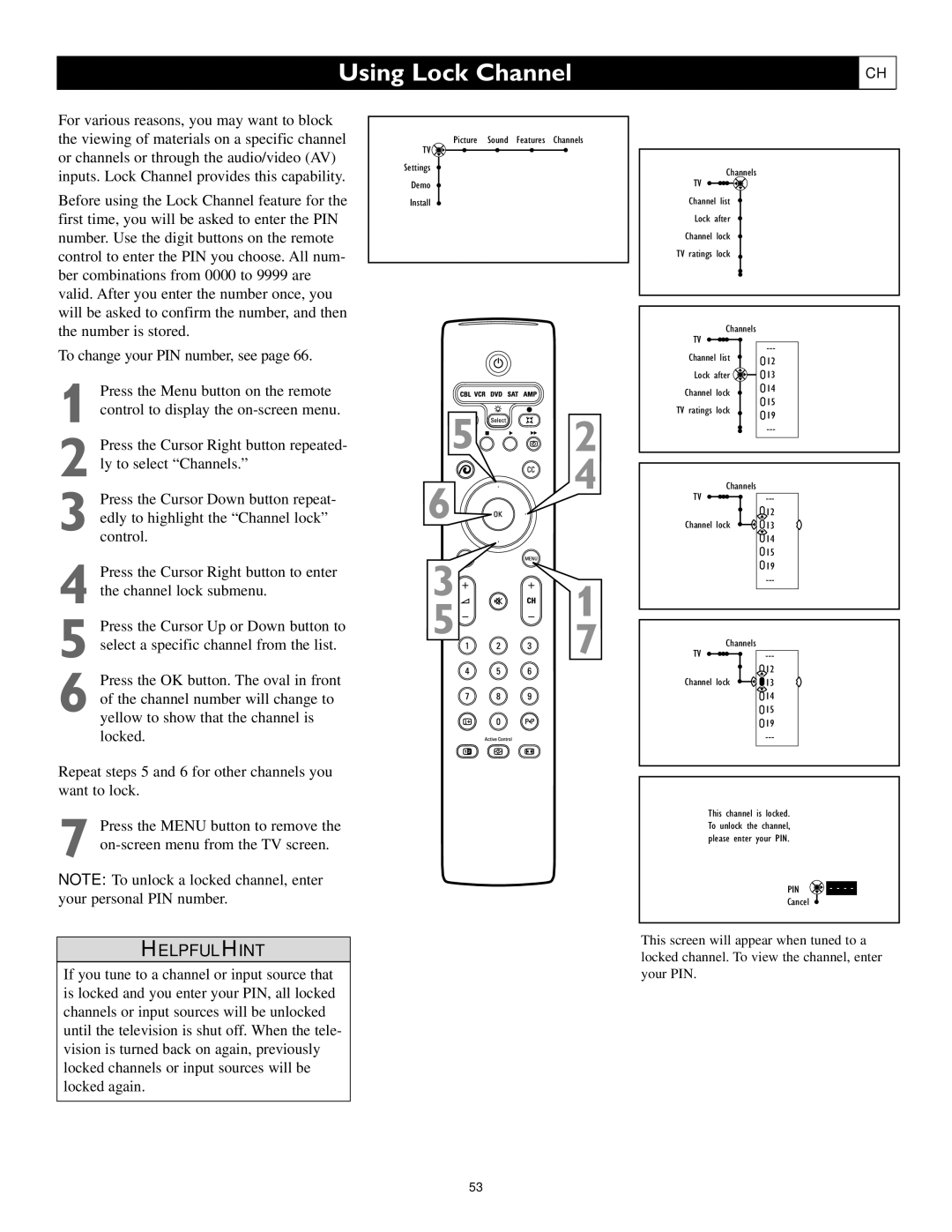 Polycom 60PP9753, 55PP9753 manual Using Lock Channel 