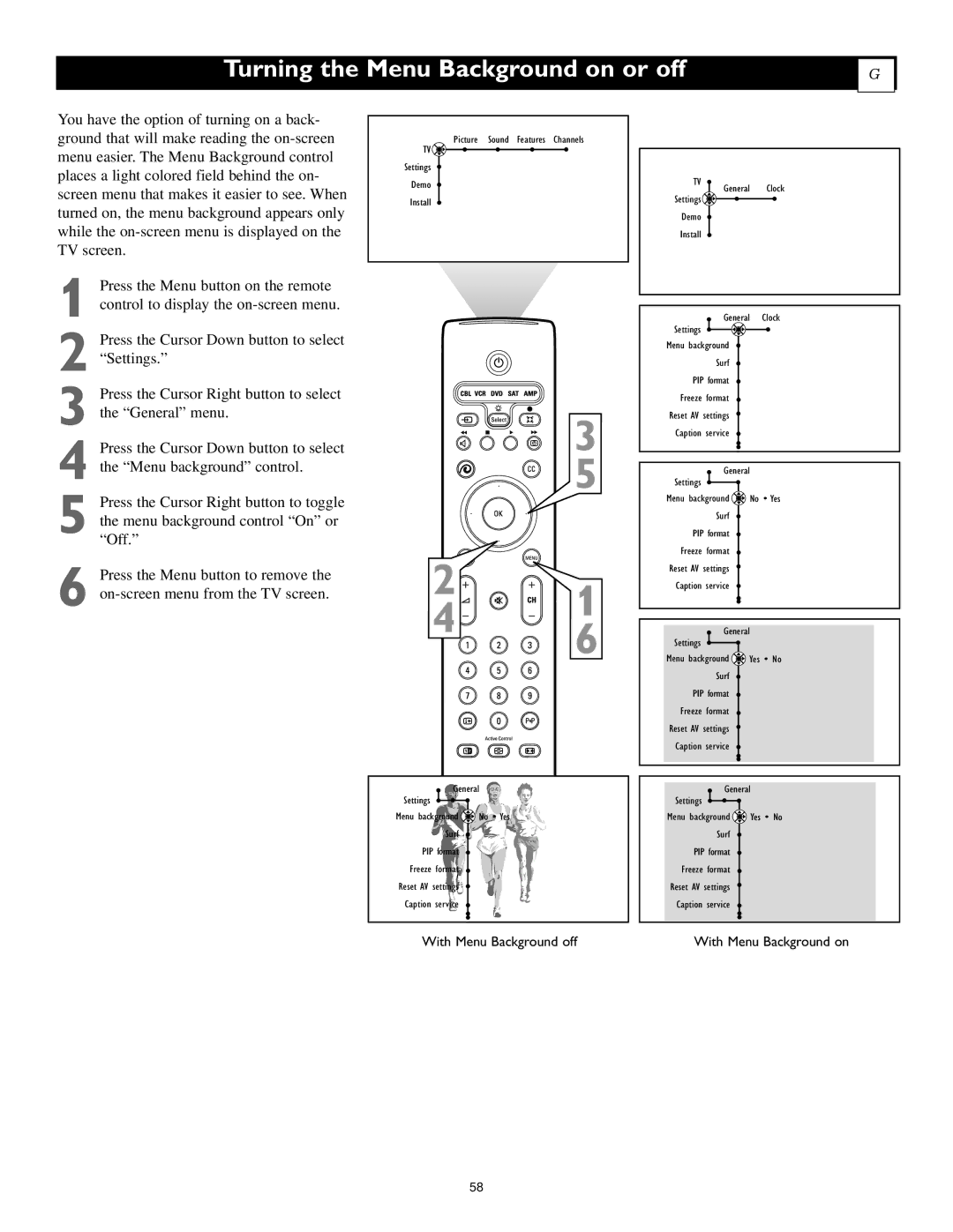 Polycom 55PP9753, 60PP9753 manual Turning the Menu Background on or off 