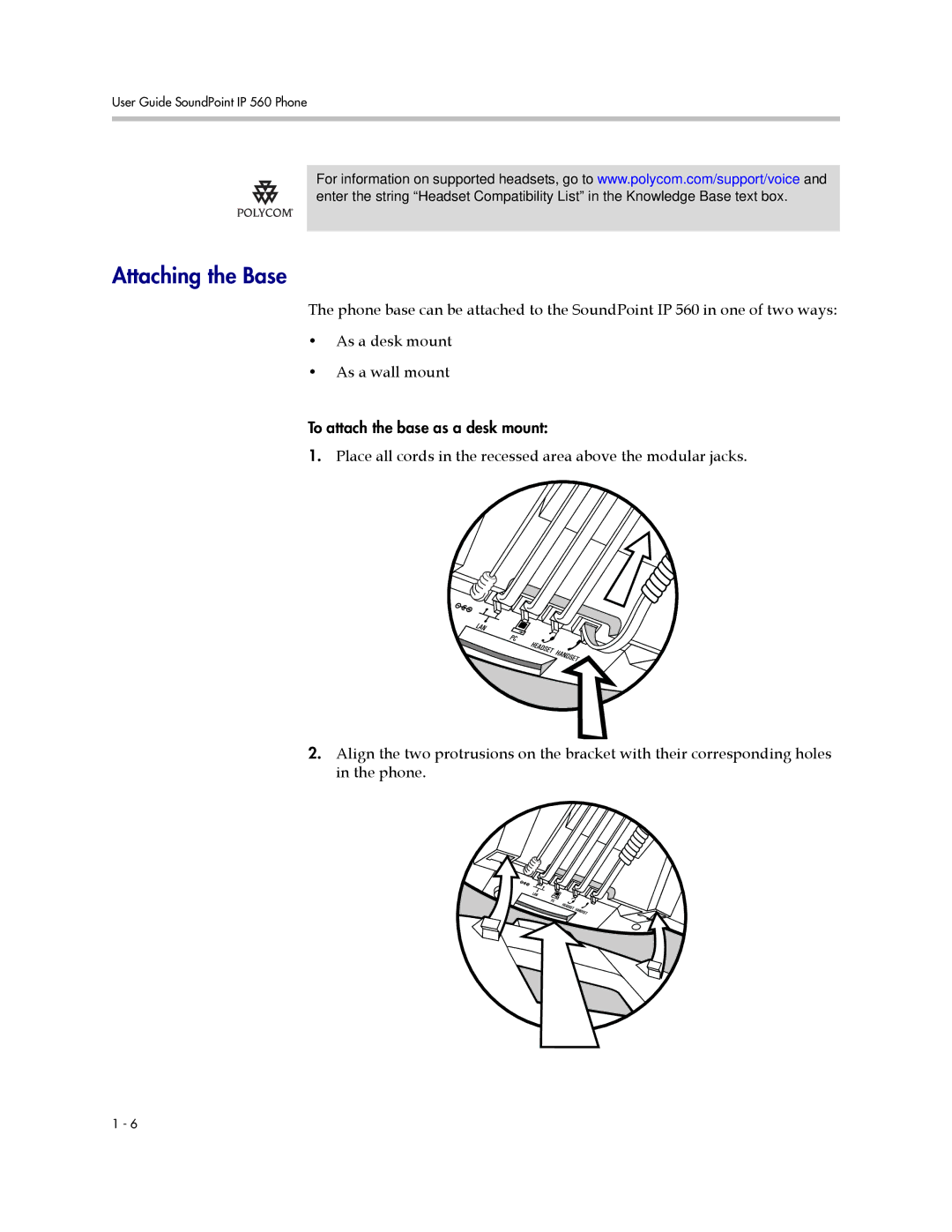 Polycom 560 manual Attaching the Base 