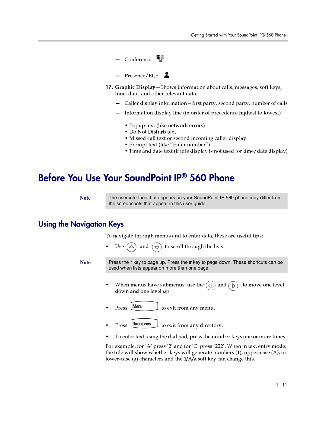 Polycom manual Before You Use Your SoundPoint IP 560 Phone, Using the Navigation Keys 