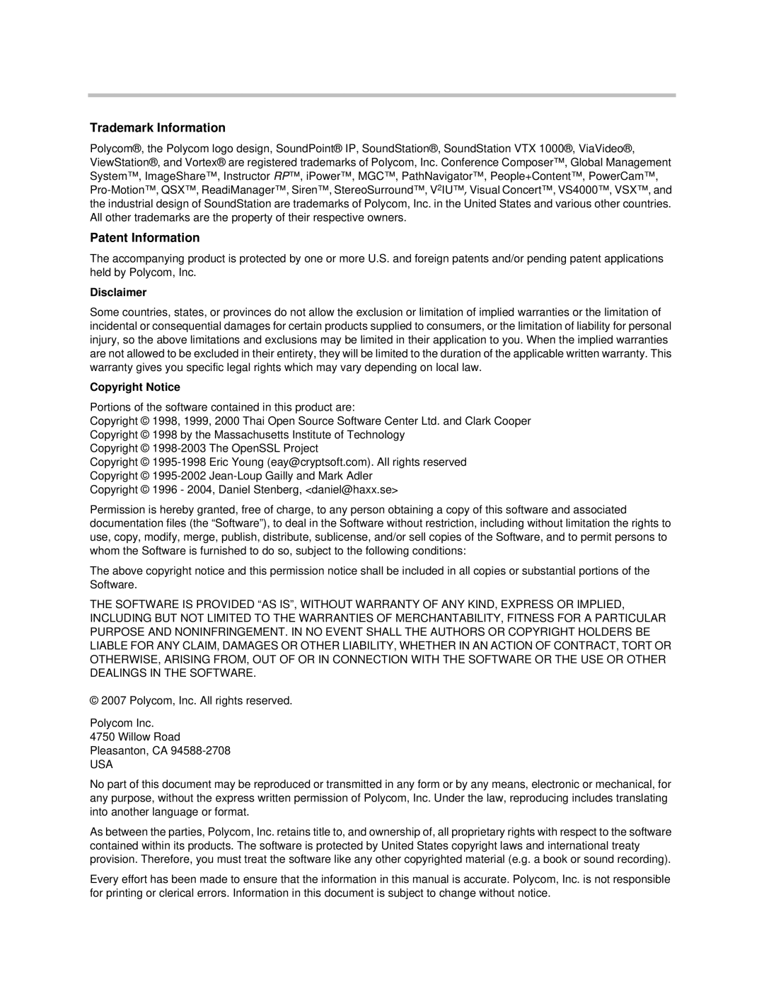 Polycom 560 manual Trademark Information 