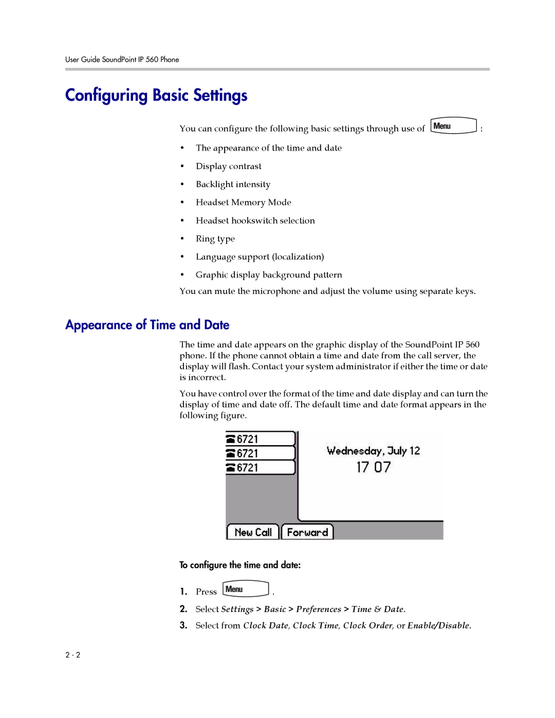 Polycom 560 manual Configuring Basic Settings, Appearance of Time and Date 