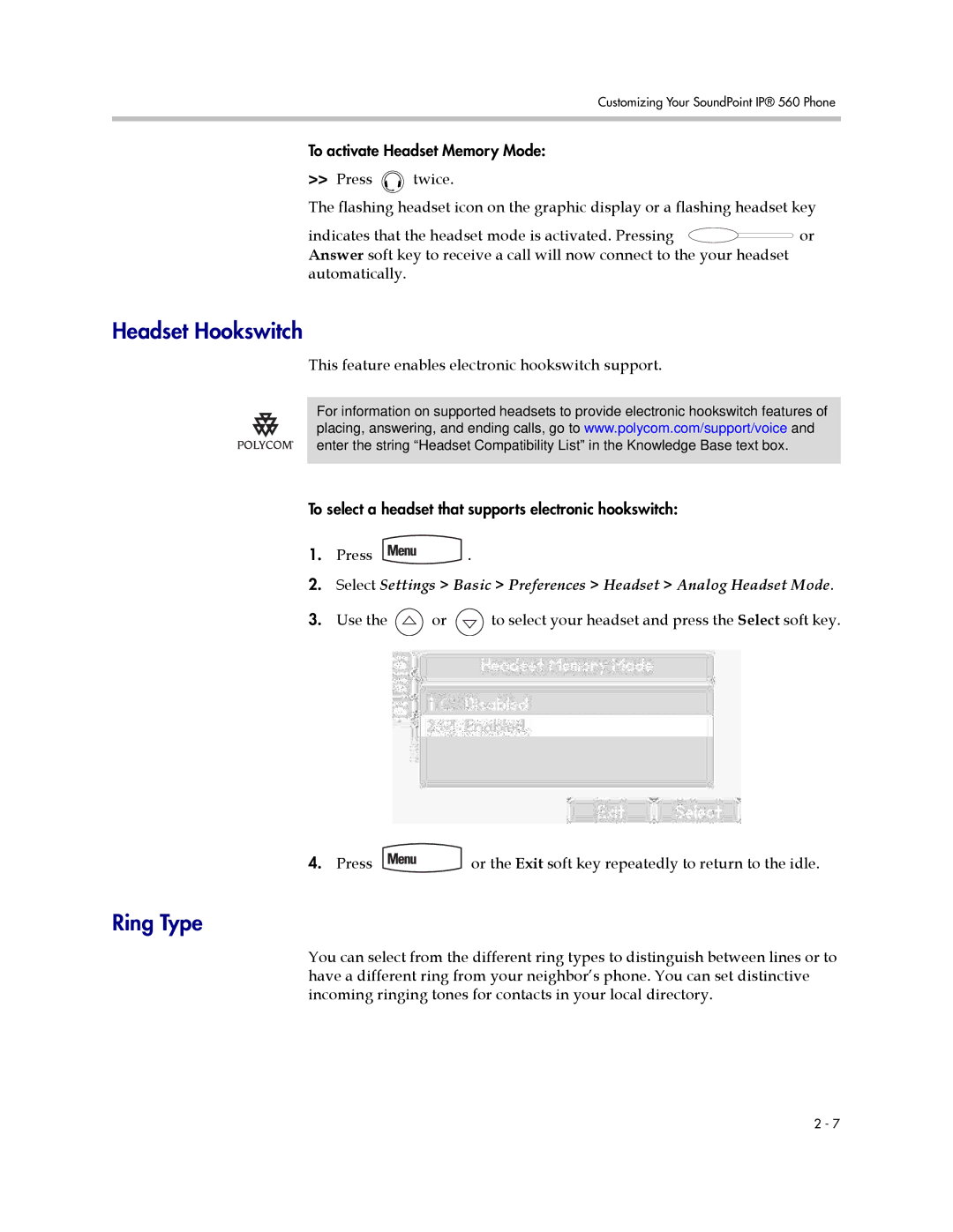 Polycom 560 manual Headset Hookswitch, Ring Type 