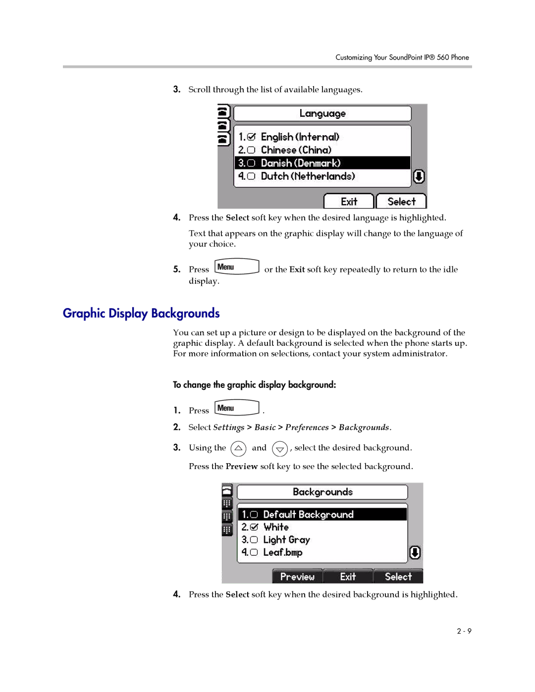 Polycom 560 manual Graphic Display Backgrounds, Select Settings Basic Preferences Backgrounds 