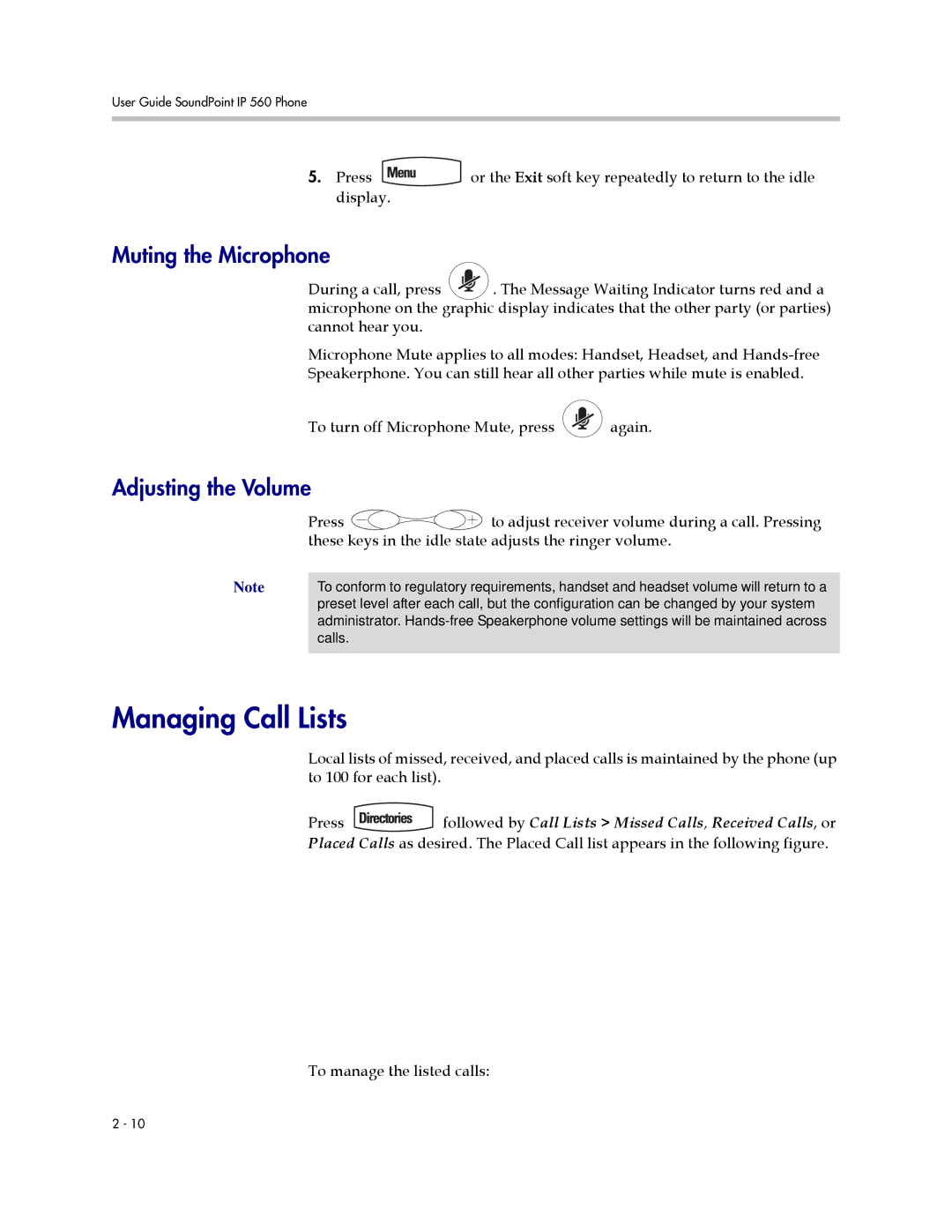 Polycom 560 manual Managing Call Lists, Muting the Microphone, Adjusting the Volume 