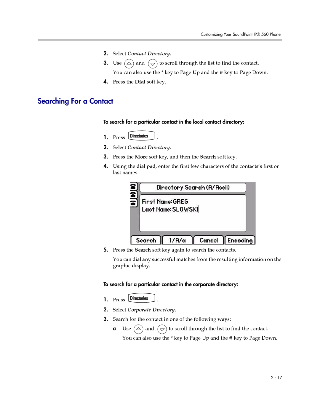 Polycom 560 manual Searching For a Contact, Select Corporate Directory 