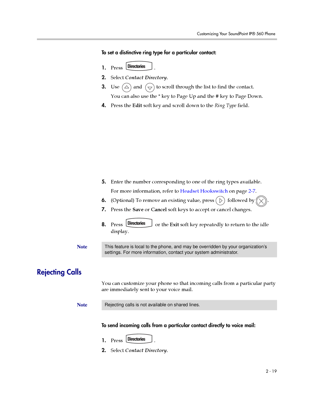 Polycom 560 manual Rejecting Calls 