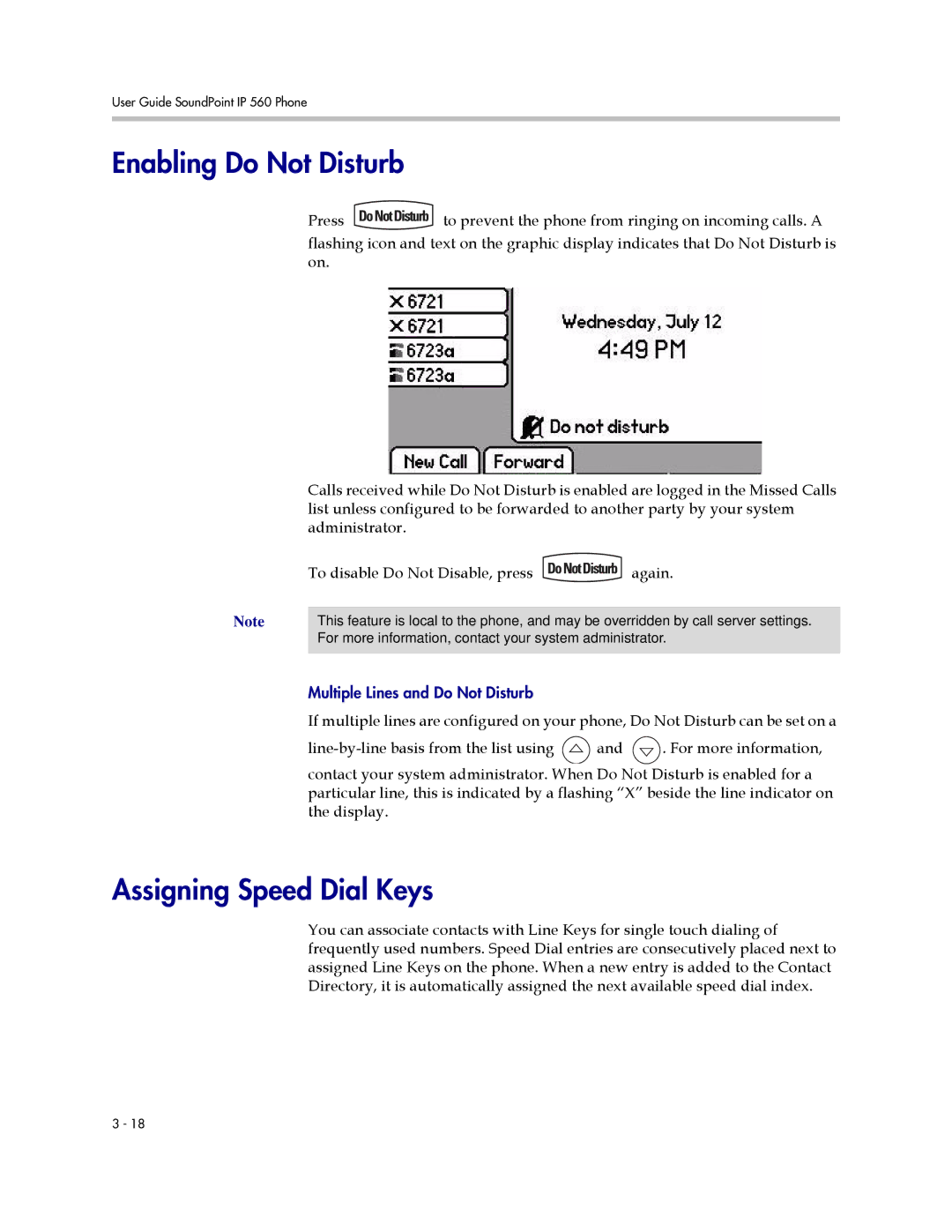Polycom 560 manual Enabling Do Not Disturb, Assigning Speed Dial Keys 
