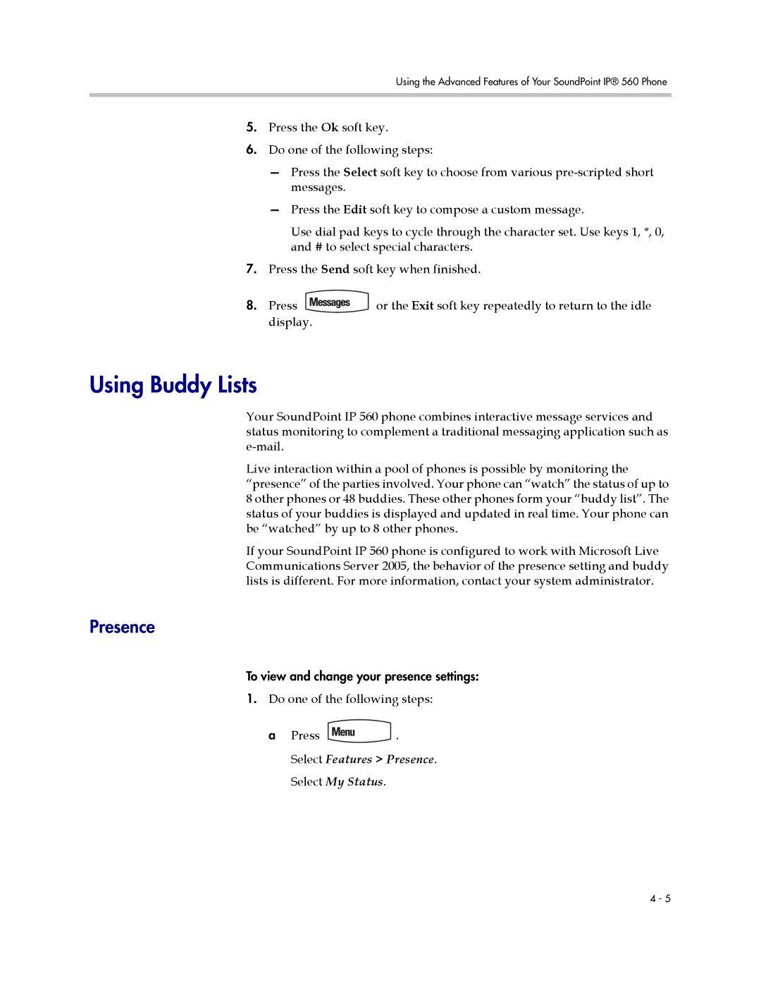 Polycom 560 manual Using Buddy Lists, Presence 