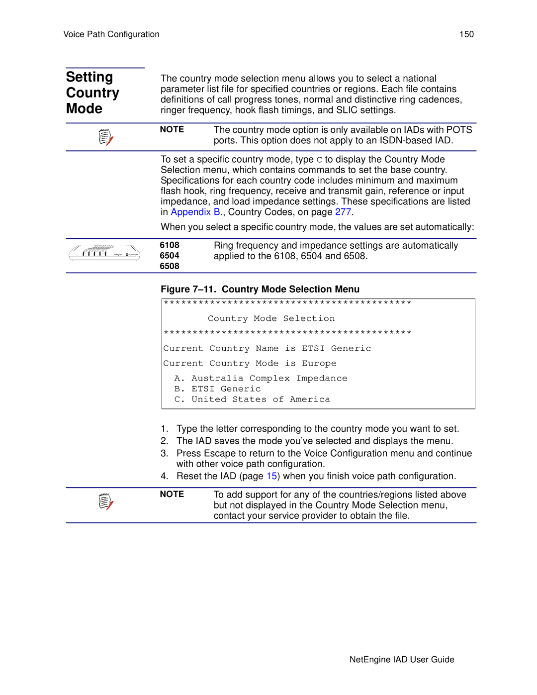 Polycom 7000, 6000 manual Setting Country Mode, Country Mode Selection Menu 