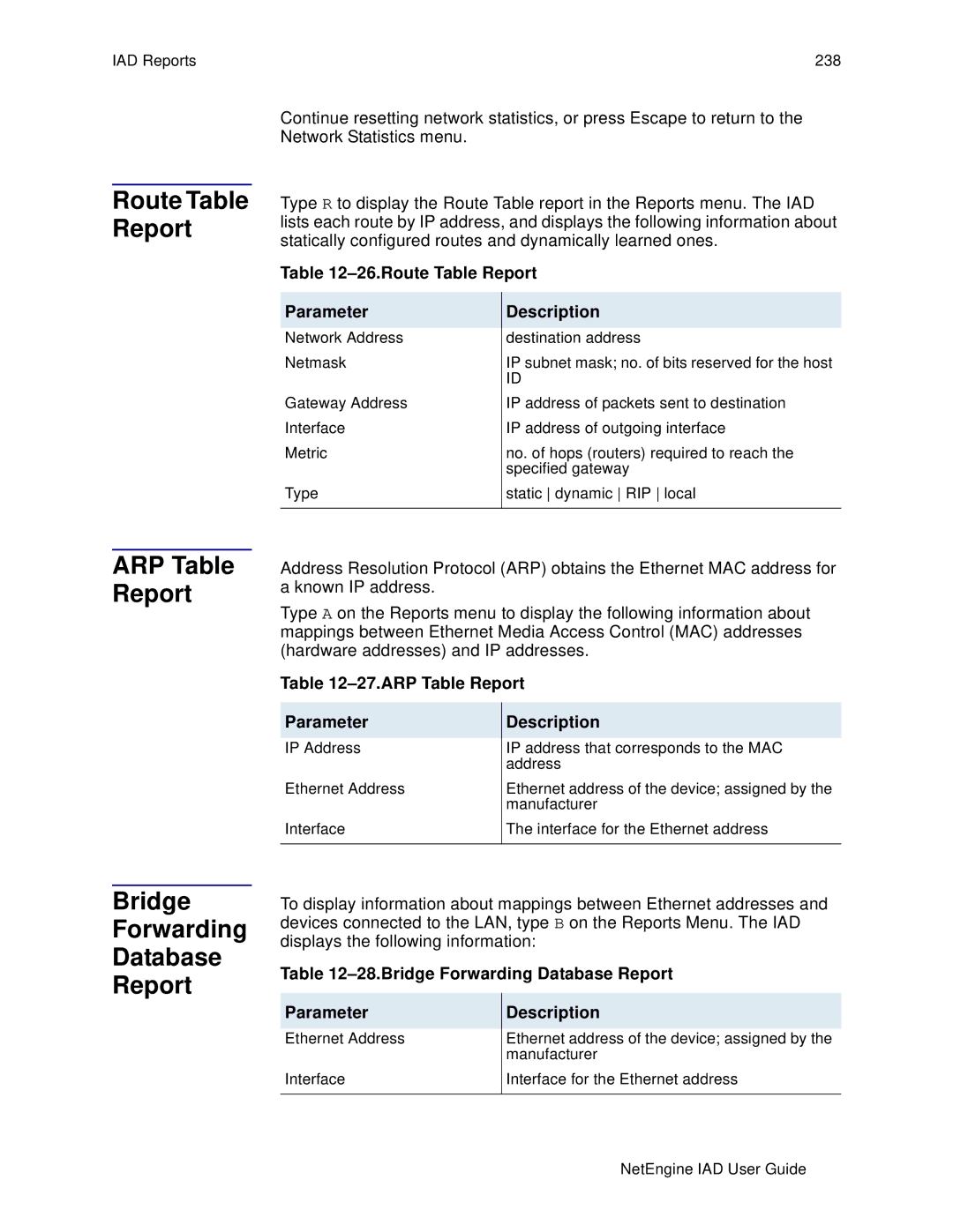 Polycom 7000, 6000 manual Bridge Forwarding Database Report, Route Table Report Parameter, ARP Table Report Parameter 