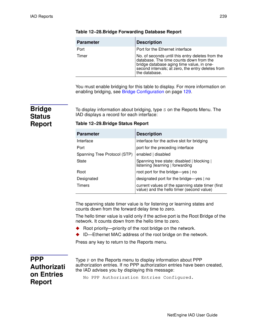 Polycom 6000, 7000 Bridge Status Report, PPP Authorizati on Entries Report, Bridge Forwarding Database Report Parameter 