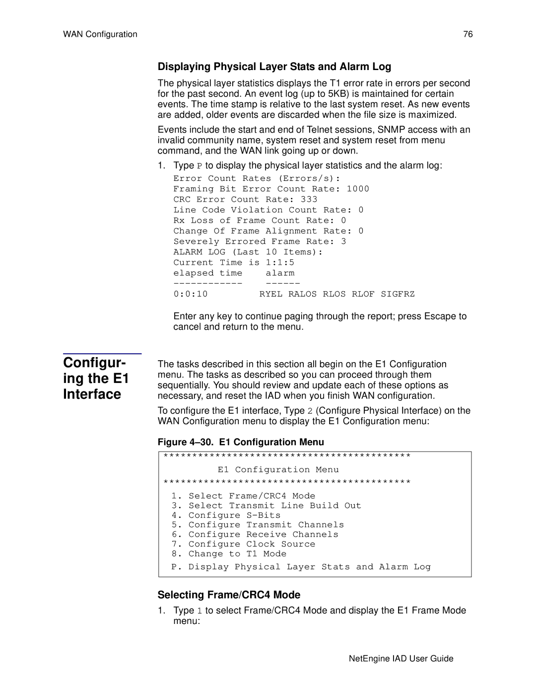 Polycom 7000 Configur- ing the E1 Interface, Displaying Physical Layer Stats and Alarm Log, Selecting Frame/CRC4 Mode 