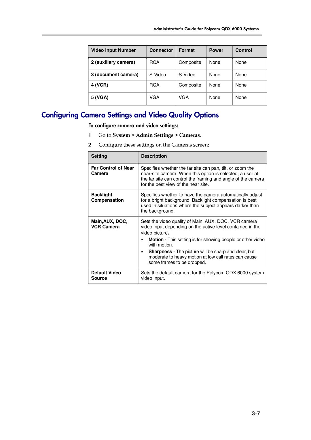 Polycom 6000 manual Configuring Camera Settings and Video Quality Options, Go to System Admin Settings Cameras 