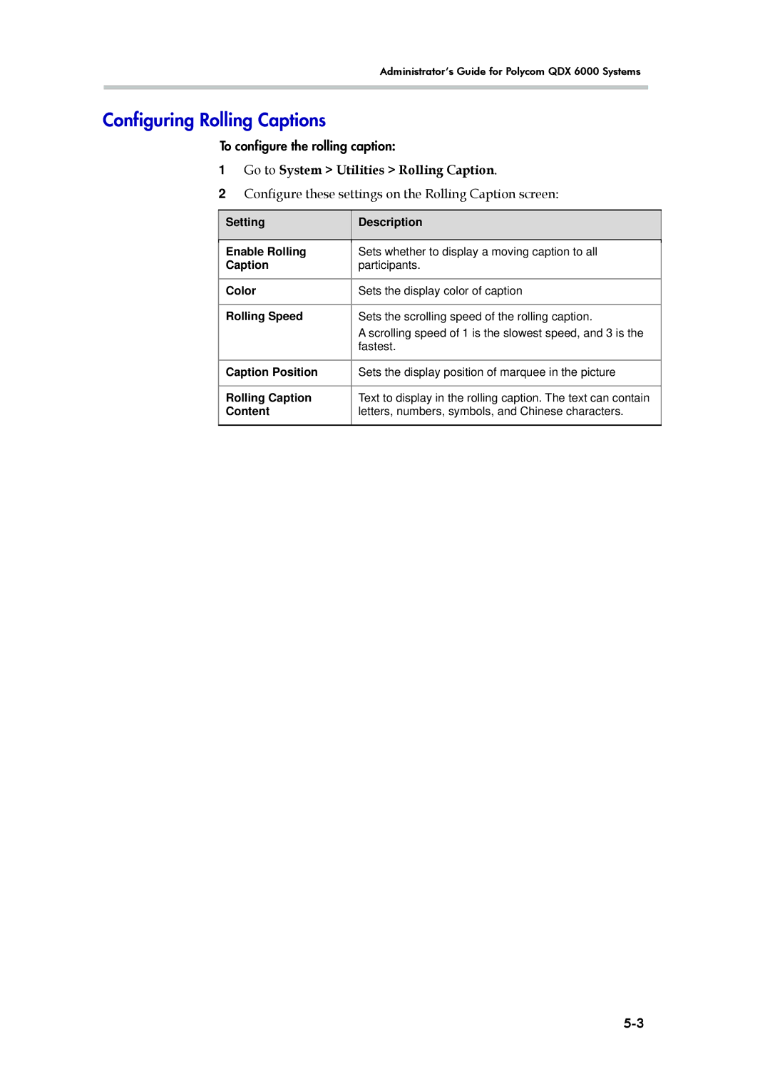 Polycom 6000 manual Configuring Rolling Captions, Go to System Utilities Rolling Caption 