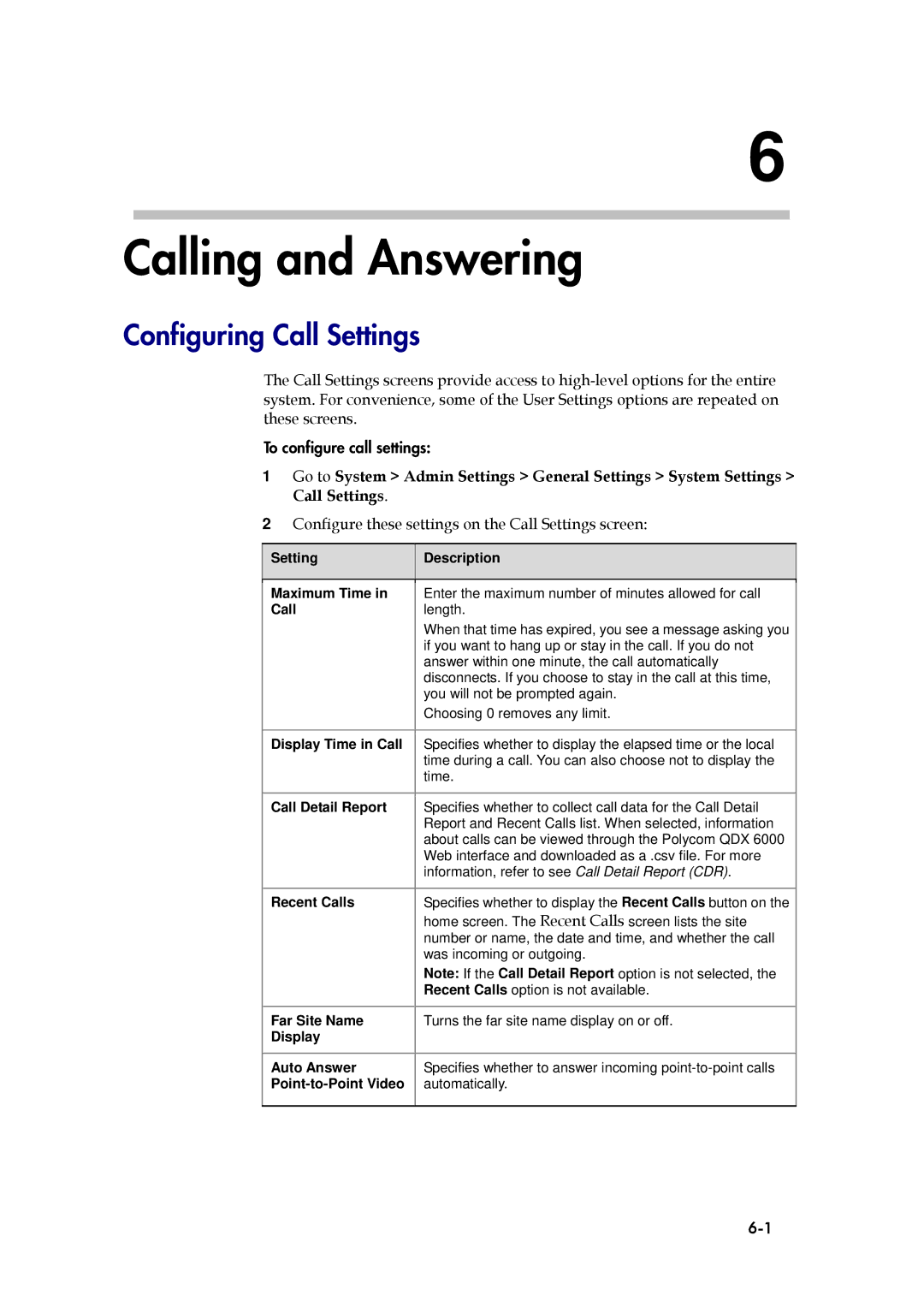 Polycom 6000 manual Calling and Answering, Configuring Call Settings, Configure these settings on the Call Settings screen 