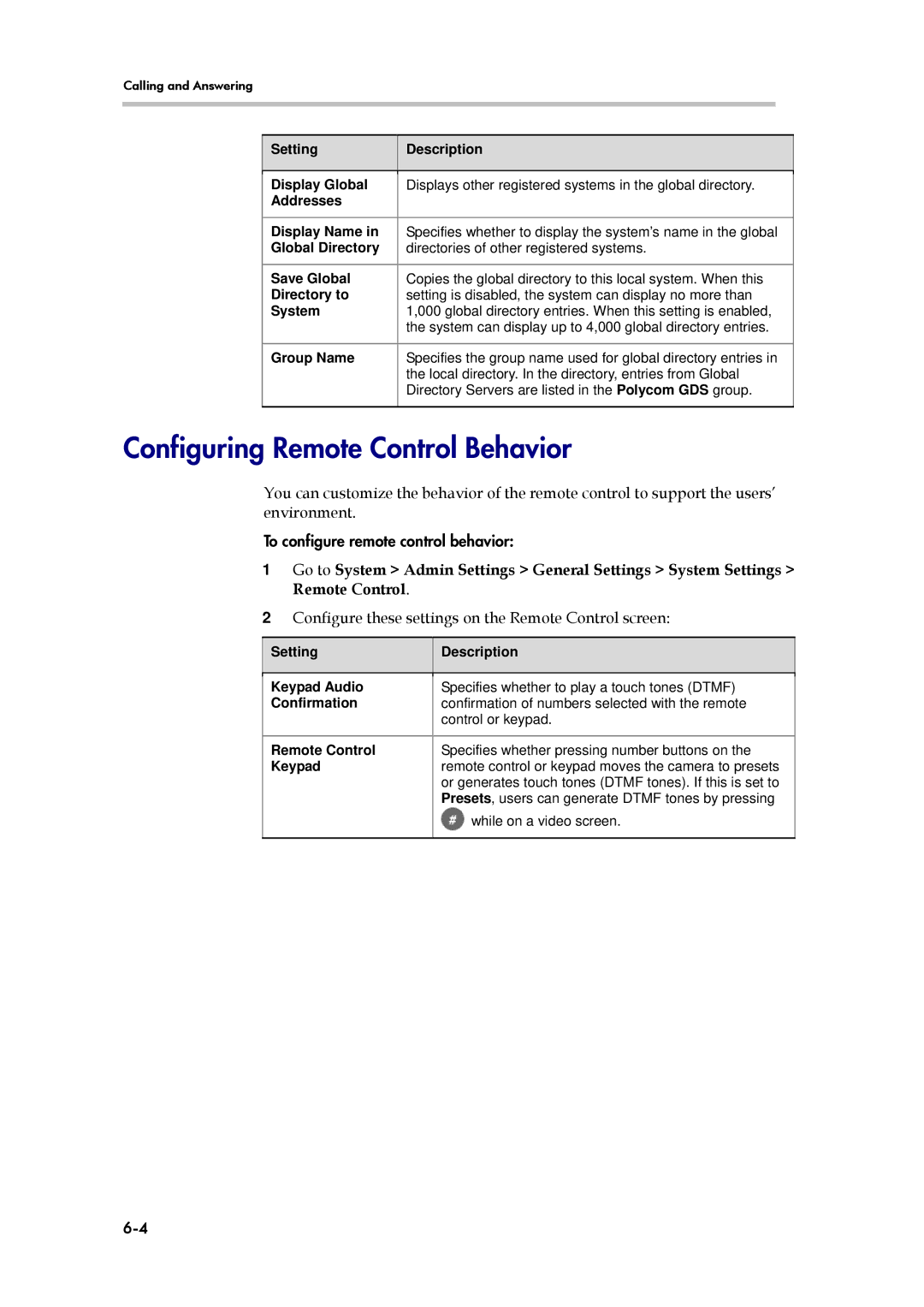 Polycom 6000 manual Configuring Remote Control Behavior, Configure these settings on the Remote Control screen 