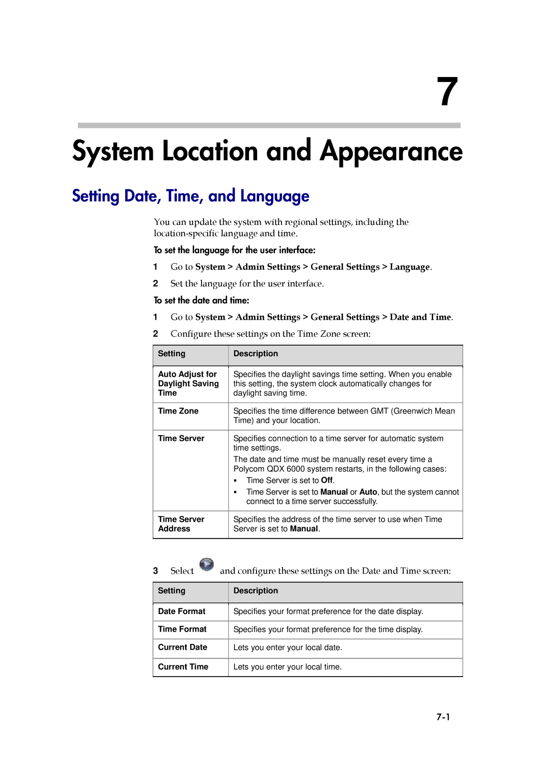 Polycom 6000 manual System Location and Appearance, Setting Date, Time, and Language 