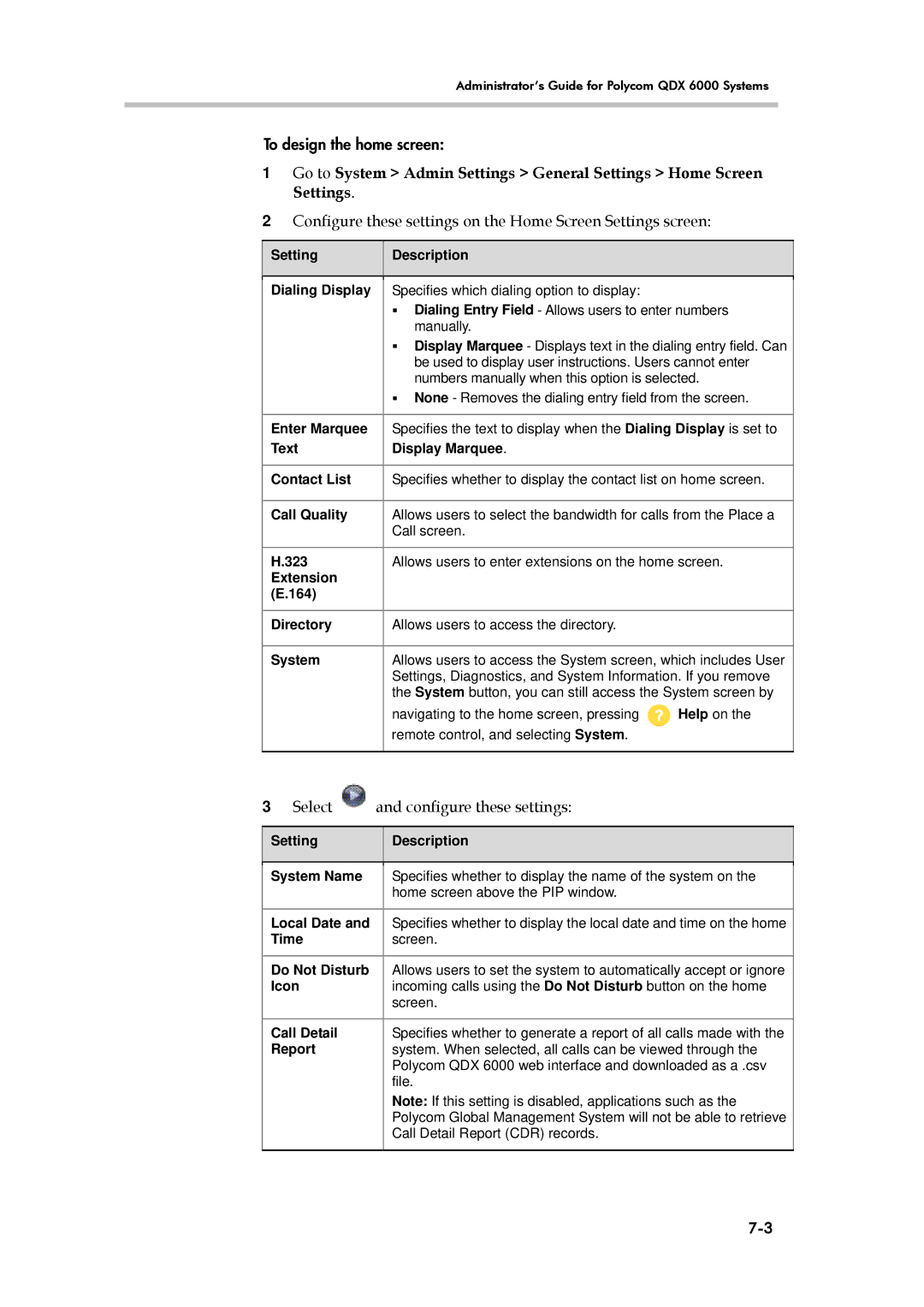 Polycom 6000 manual Configure these settings on the Home Screen Settings screen 