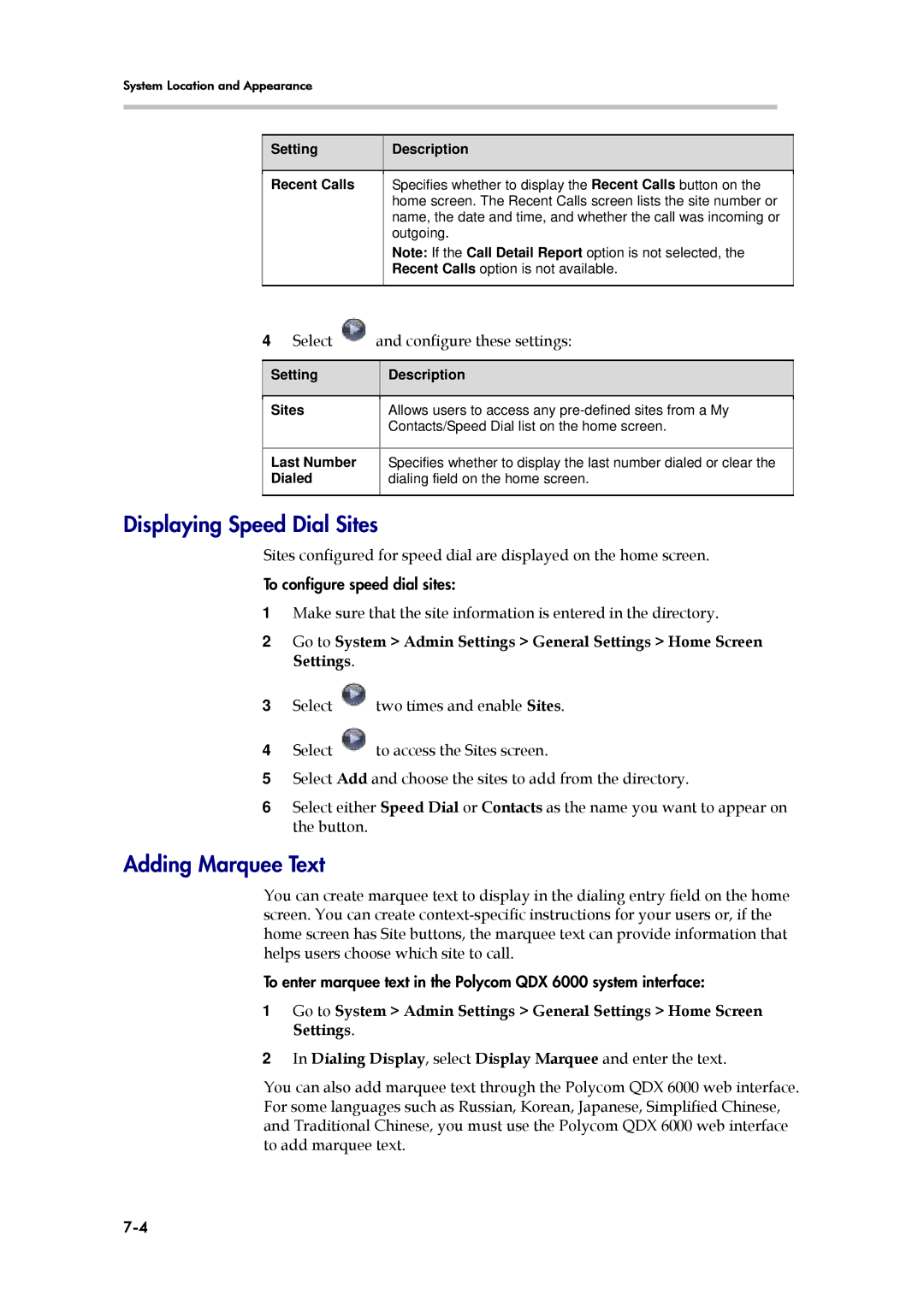 Polycom 6000 manual Displaying Speed Dial Sites, Adding Marquee Text 