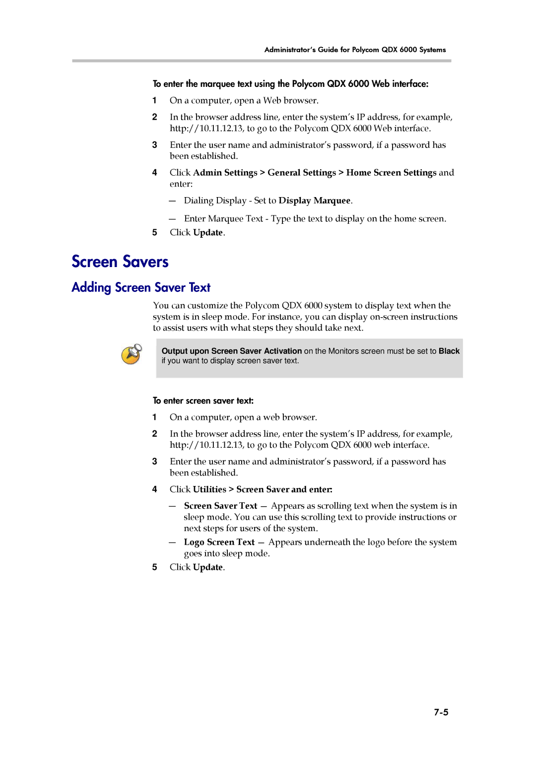 Polycom 6000 manual Screen Savers, Adding Screen Saver Text, Click Utilities Screen Saver and enter 