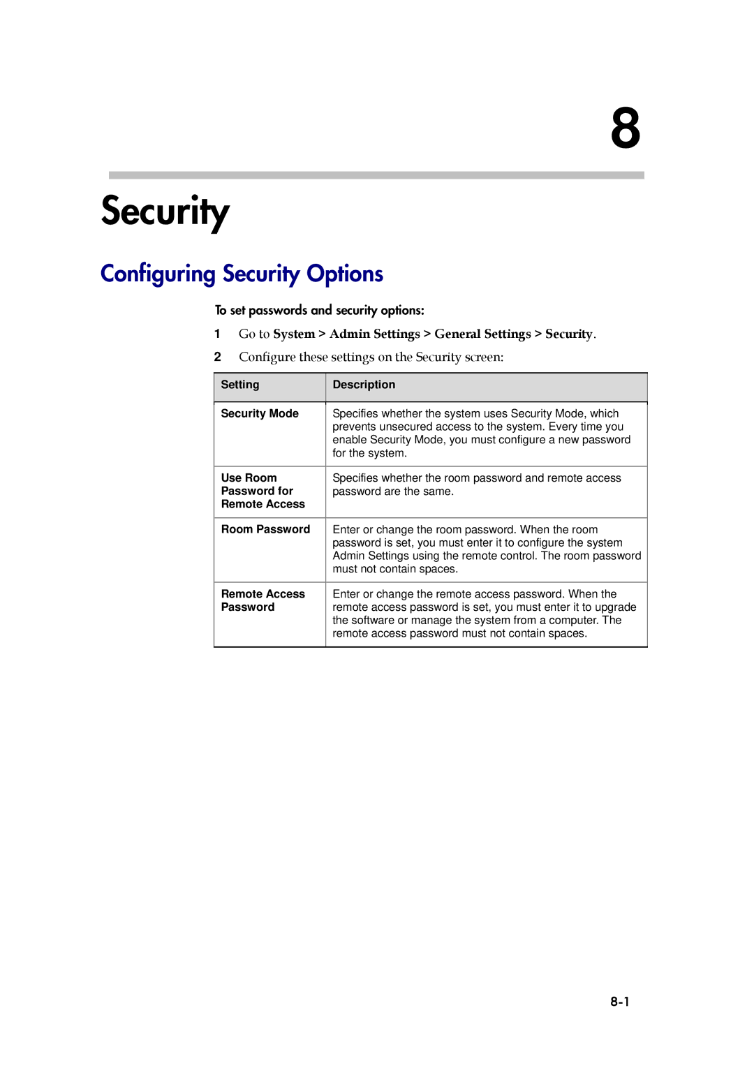 Polycom 6000 manual Configuring Security Options, Go to System Admin Settings General Settings Security 