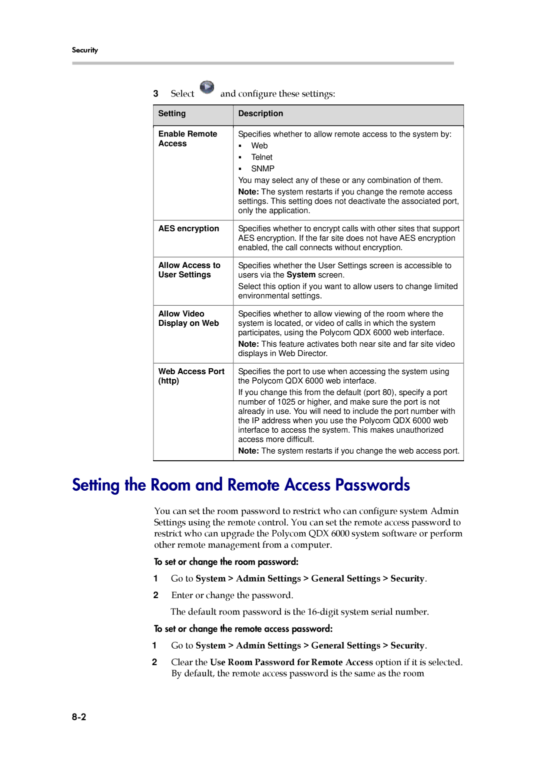 Polycom 6000 manual Setting the Room and Remote Access Passwords 