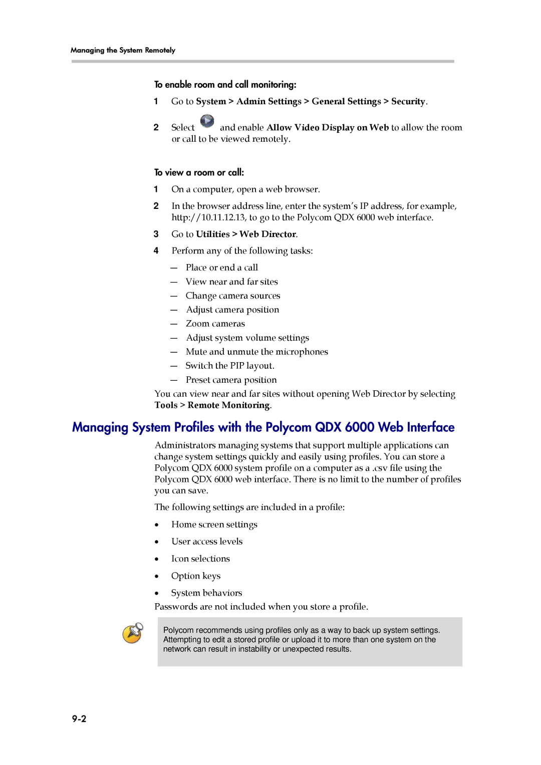 Polycom 6000 manual Go to System Admin Settings General Settings Security, Go to Utilities Web Director 