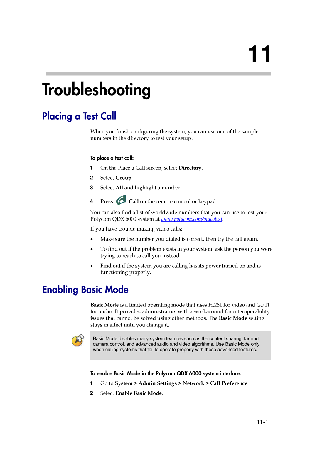 Polycom 6000 manual Troubleshooting, Placing a Test Call, Enabling Basic Mode, 11-1 