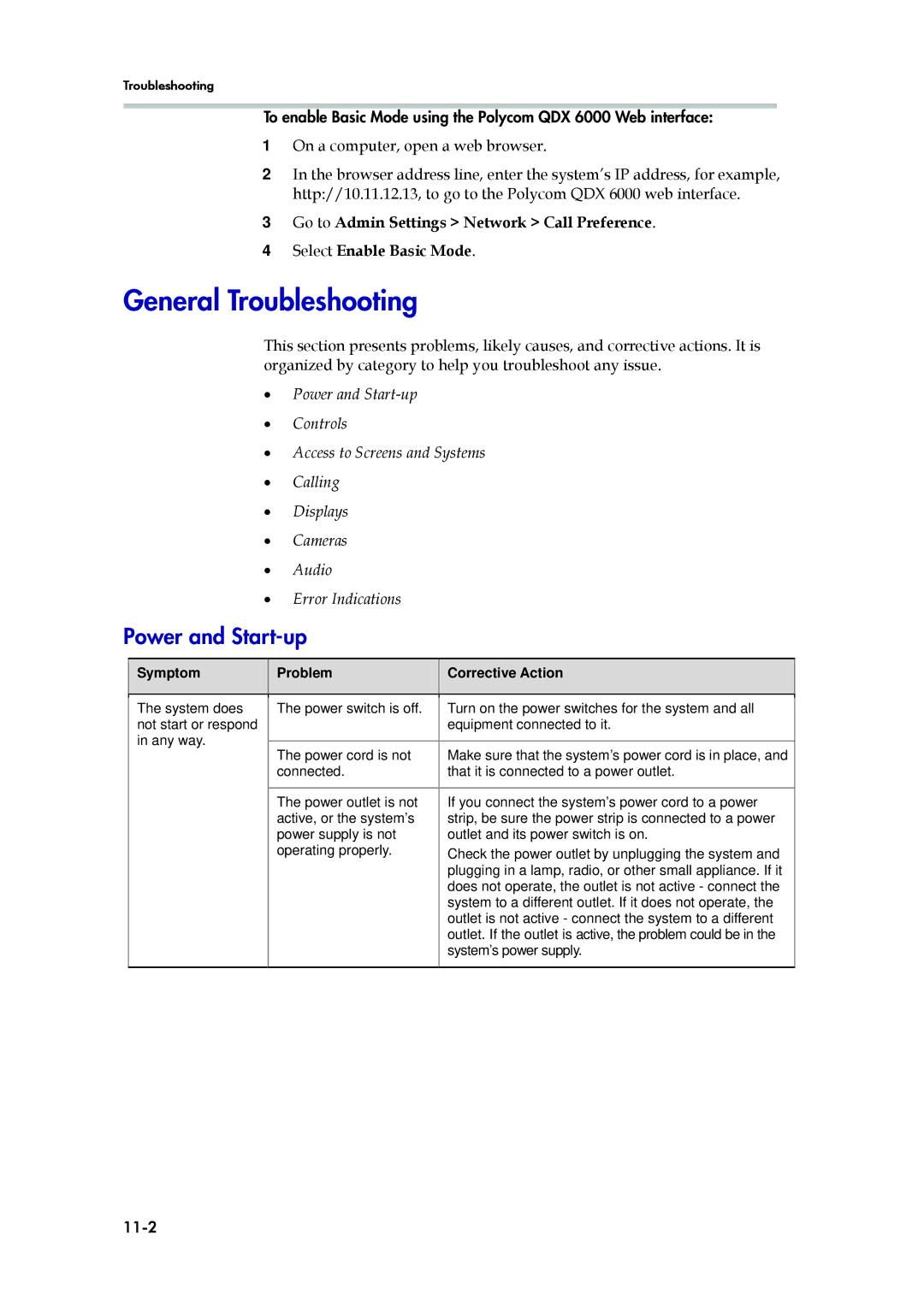 Polycom 6000 manual General Troubleshooting, Power and Start-up, 11-2, Symptom, Problem Corrective Action 