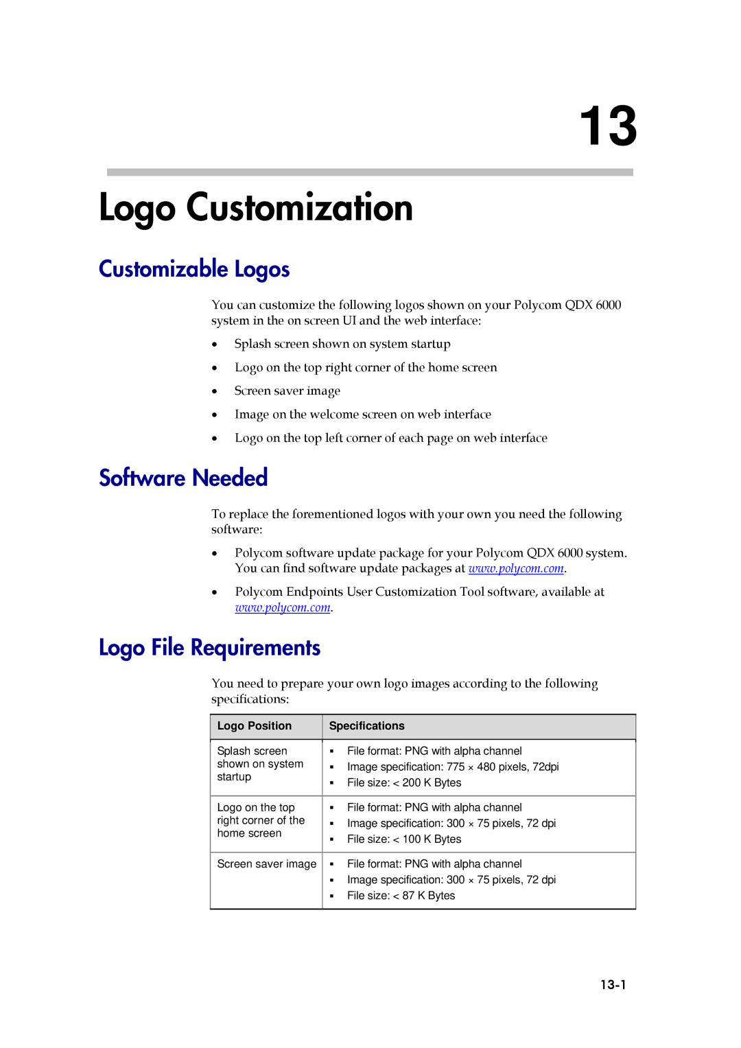 Polycom 6000 manual Logo Customization, Customizable Logos, Software Needed, Logo File Requirements, 13-1 