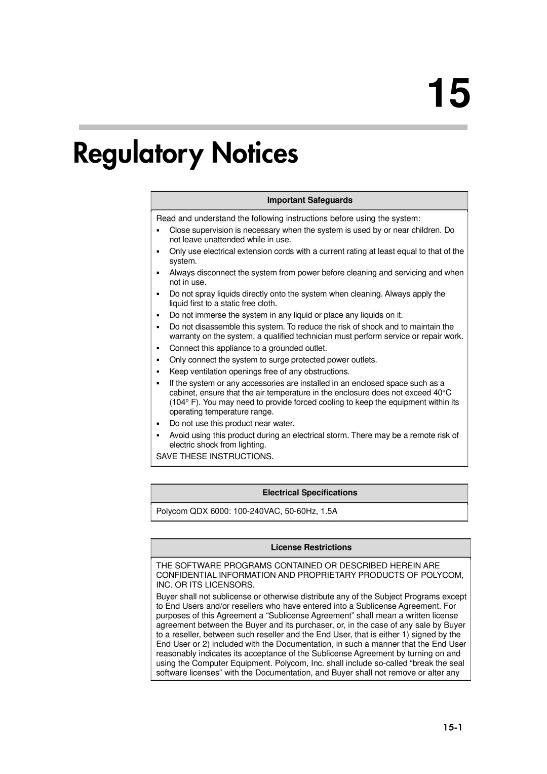 Polycom 6000 manual Regulatory Notices, 15-1, Important Safeguards, Electrical Specifications, License Restrictions 