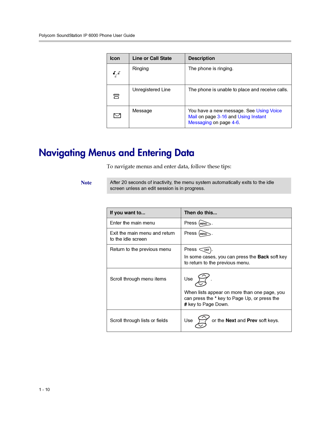 Polycom 6000 manual Navigating Menus and Entering Data, To navigate menus and enter data, follow these tips 