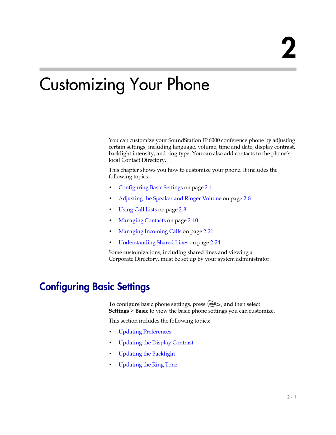 Polycom 6000 manual Customizing Your Phone, Configuring Basic Settings 