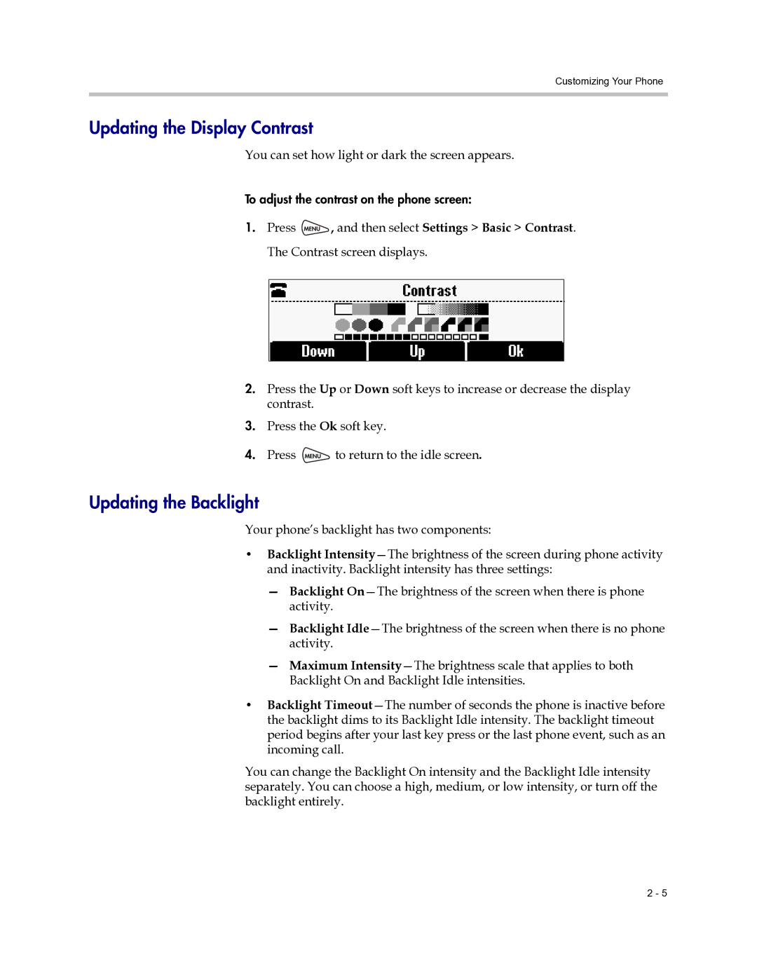 Polycom 6000 manual Updating the Display Contrast, Updating the Backlight, You can set how light or dark the screen appears 