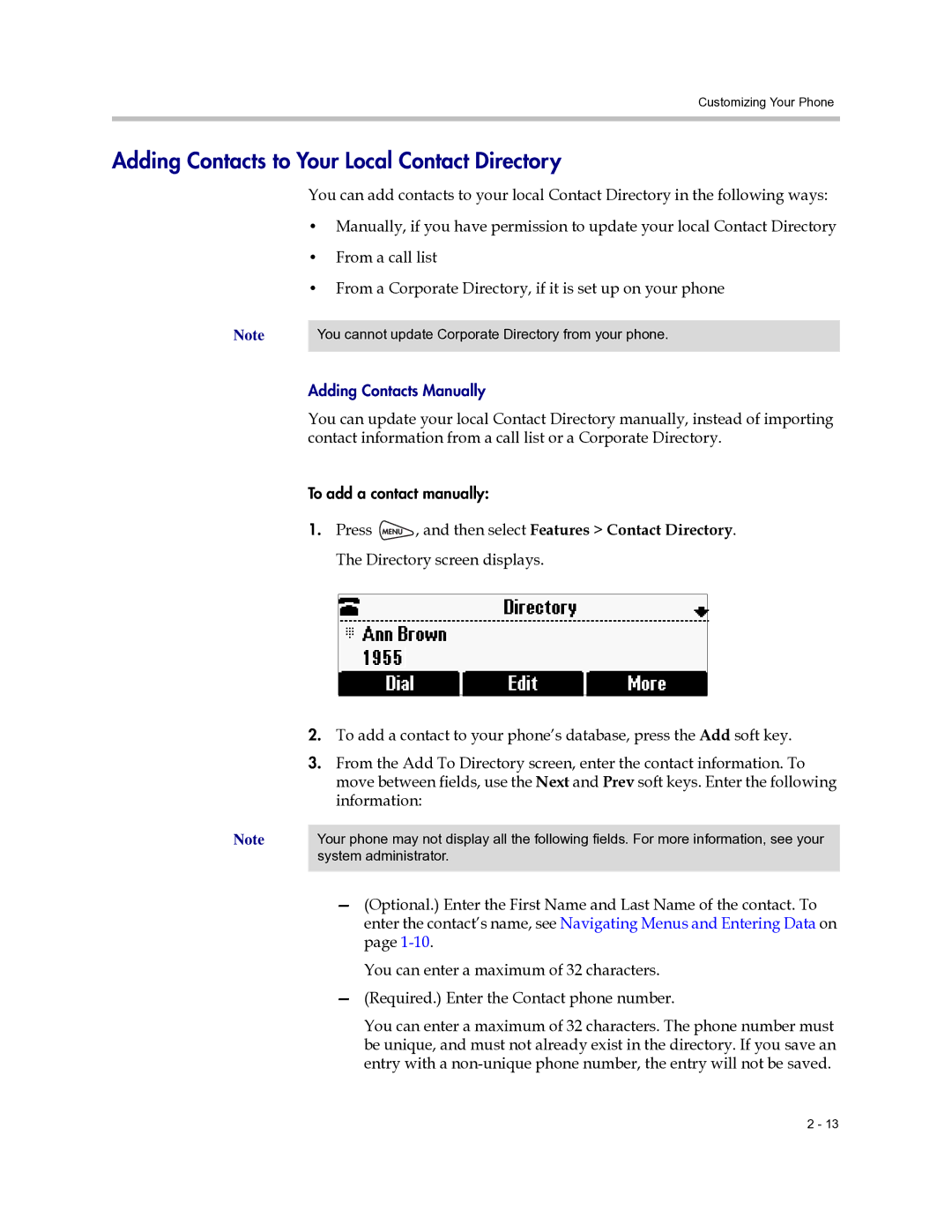 Polycom 6000 manual Adding Contacts to Your Local Contact Directory, You can enter a maximum of 32 characters 