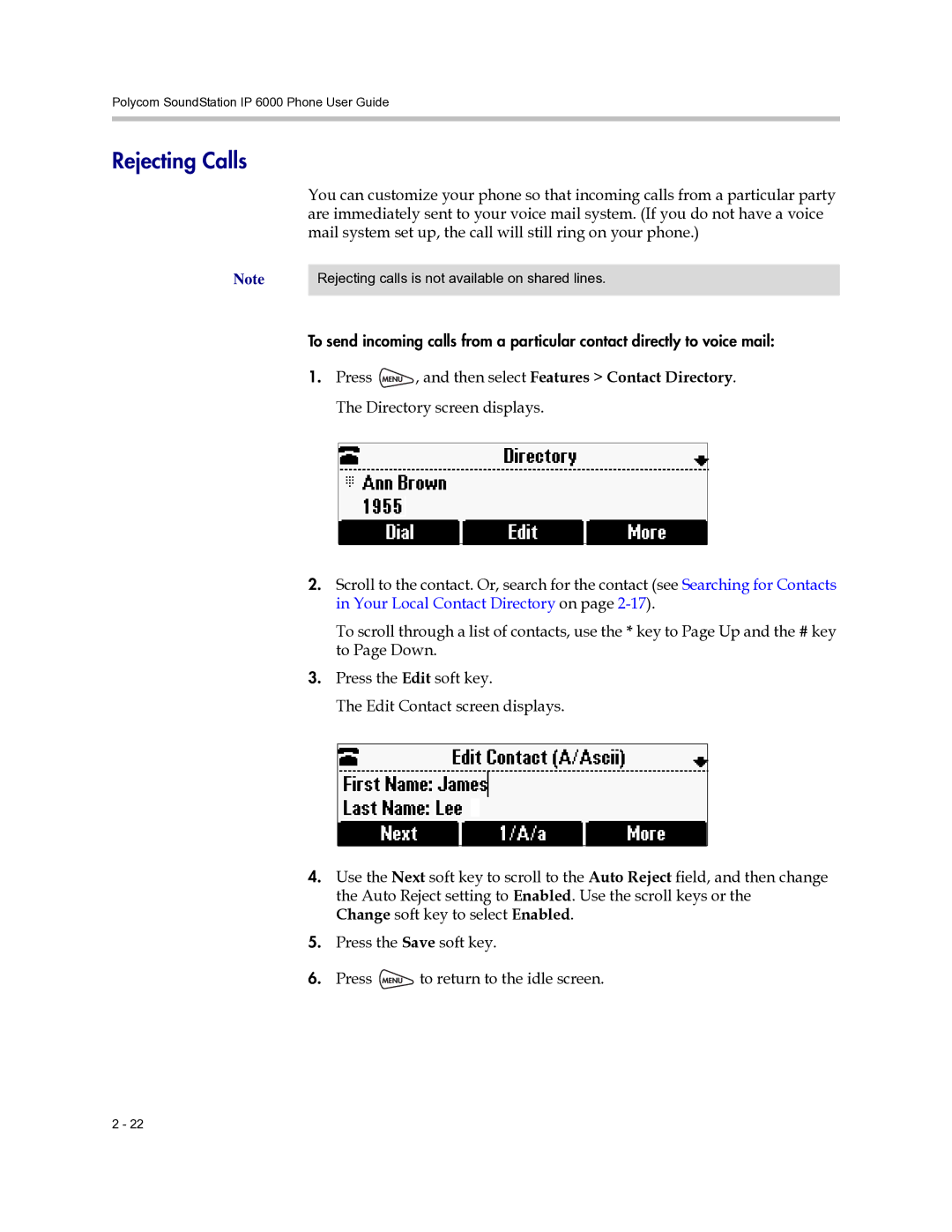 Polycom 6000 manual Rejecting Calls 